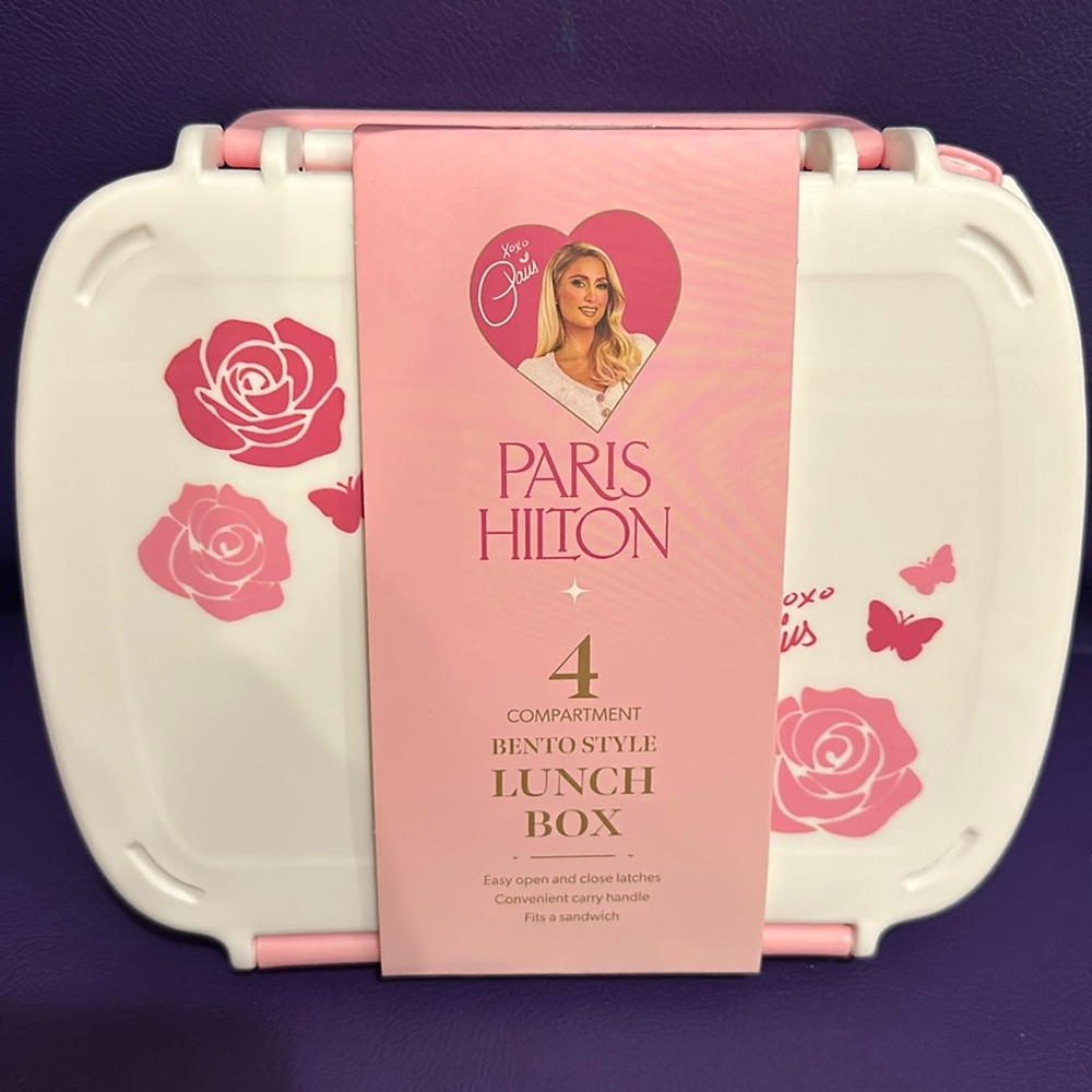 NWT Paris Hilton 🎀 4 Compartment Bento Style Lunch Box white with pink roses